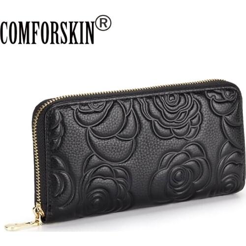 COMFORSKIN Cowhide Leather Long Embossing Wallet For Female Dropshipping кошелек женский Womens Zipper Purse With Hand Rope