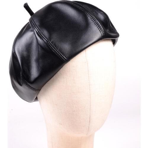 Womens genuine Leather Lambskin Beanie Beret Round Octagonal cap Newsboy hat/cap