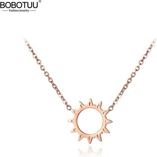 BOBOTUU Classic Stainless Steel Chains Necklace Jewelry Hollow Sun Flower Pendant Neckalces Bridal Wedding Jewelry BN18030