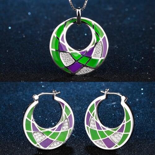 Fashionable Elegant Necklace & Earrings 925 Sterling Silver Mesh Green Translucent Enamel High Quality Luxury Jewelry Set Gifts