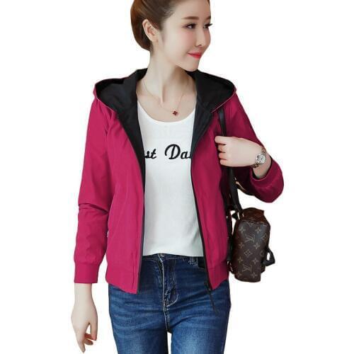 2019 Autumn Women Short Jacket Windbreaker Long Sleeve Wear on both sides Oversize Zipper Hooded Coat Casual Loose Outerwear R73