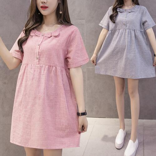 New Pregnant Women Cotton Linen Stripe Short Sleeve Loose Dress For Summer Drop Shipping