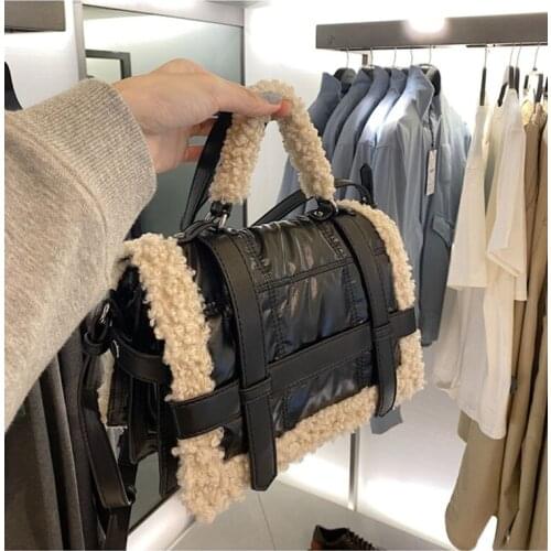 Fashion Fur bag women jumbo capacity totes handbag black pu leather Shoulder Messenger sheep fur bag 2020 winter new deisgner