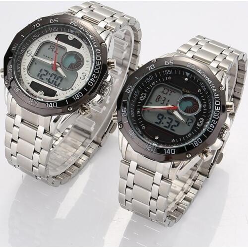 Men Sports Watch Solar LED Dual Display Stainless Steel Strap Analog Digital Wristwatch TT@88