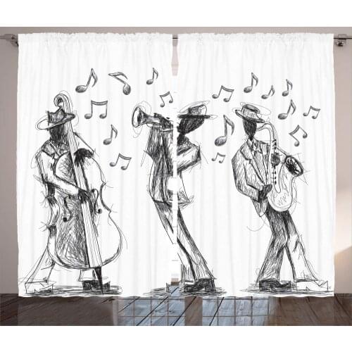Music Curtains Sketch Style Jazz Band with Instruments Living Room Decor Curtains Bedroom Window Drapes Curtains for Kitchen
