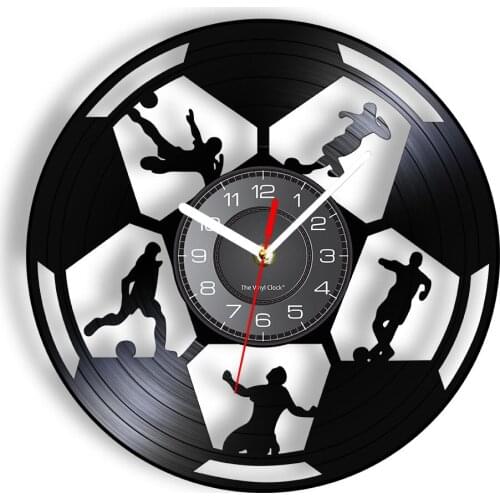 Football Wall Clock With LED Backlight Soccer Player Kicking Ball Wall Watch Made Of Real Vinyl Record Matches Atmosphere Lamp