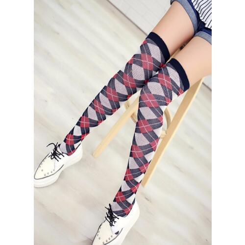 PEONFLY autumn wind hot British grid long tube full cotton knee socks Stocking Thigh High Thick fishnet stockings