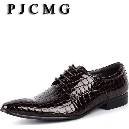 PJCMG New Fashion Black/Brown/Red/Blue Genuine Leather Lace-Up Pointed Toe Flat Man Casual Classic Formal Dress Shoes