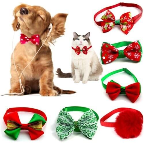 Christmas Cat Dog Collar Holiday Cats Dog Bow Tie Adjustable Neck Strap Cat Dog Grooming Accessories Puppy Cat Necklace