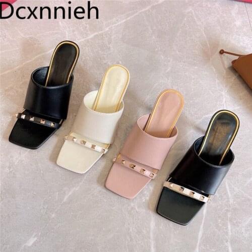 Pink peep-toe rivet high-heeled slippers Cow leather square toe stitching color outer slippers ladies all-match party shoe woman