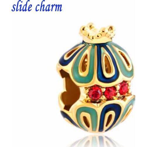 Slide charm Free shipping Fashion classic Valentines Day gift gilded color enamel hollow egg beads fit Pandora charm bracelet