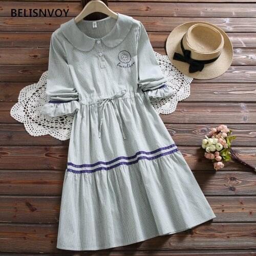 Special offer Preppy Style Autumn Spring Women Elegant Dress Peter Pan Collar Plaid Casual Vestidos De Festa Embroidery Dress