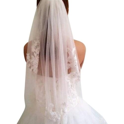 Wedding Veils Bridal Veils Short One Layered Waist Length Beaded Diamond Applique White