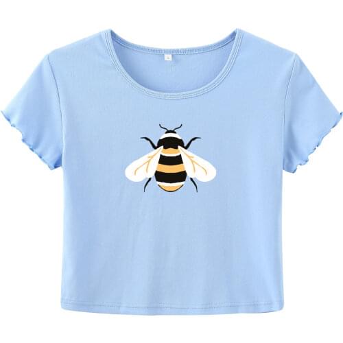 Bee Crop tshirt Cute bee graphic Rib crop Shirt Summer Slim crop top Ruffled sleeves women aesthetic art vintage tee tops