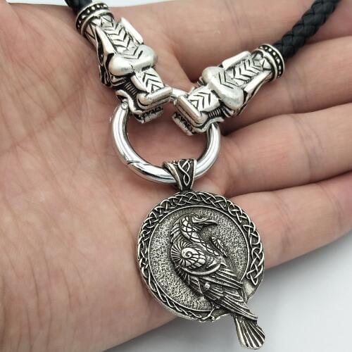 Viking Odin raven Slavic Amulet norse talisman viking wolf head with raven pendant black bird celt crow necklace Pagan jewelry
