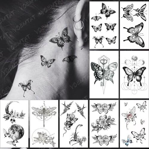 Waterproof Temporary Tattoo Sticker Ear Butterfly Fake Tatto Flash Feather Tatoo Body Art Tatouage For Girl Women Men