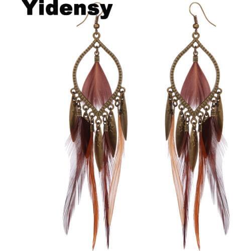 Yindesy Fashion Bohemian Long Pendant Earrings Feather Leaf Hollow Tassel Fringe Earring for Women Ladies Handmade Jewelry Gifts