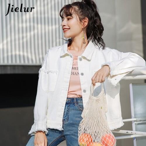 Jielur Solid Color 2021 Autumn Women Jacket Hipster Pockets Streetwear Turn-down Collar Jean Coats 5 Colors Button Female Jacket