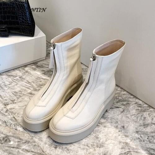 Front Zip Decro Women Chelsea Boots Thick Sole Real Leather Black White Retro Bootie Female Autumn Winter All Match Fashion Bota