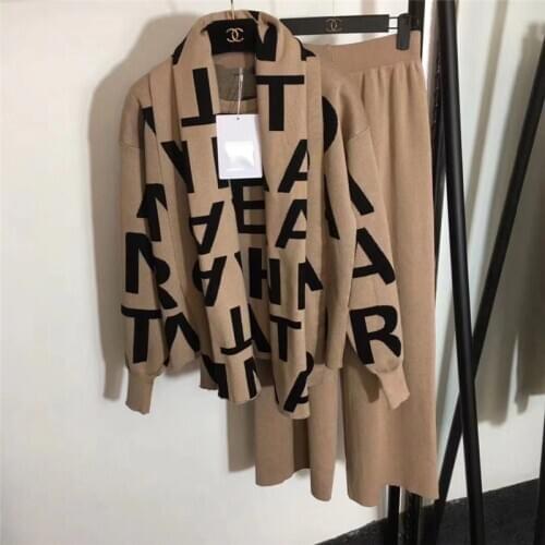 Amolapha Women Knited Letter Sweater + Pants+Cape Long Scarf 3PCS Suits Knit Pullovers Cappa Wraps Wide Leg Trousers Sets