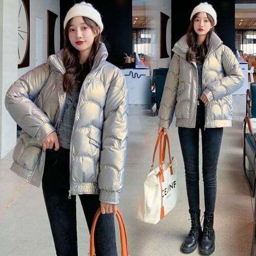 2021 Womens Winter Down Jacket With Zipper Bread jacket Korean Style Loose Padded Shiny Glossy Thick Warm Cold Coat