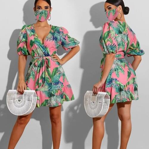 2021 Summer Clothes Women Sexy Pink Printed Short Sleeve V-neck Dress Fashion Lady Party Night Club Mini Dress Vestidos No Mask