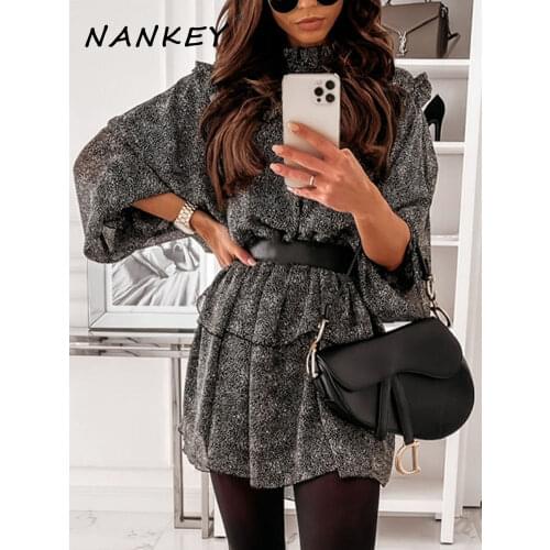 NANKEY Black Dot Loose Chiffon Womens Dress Ruffle Turtleneck Batwing Sleeve Traf Dress Womens Clothing With Dree Shipping