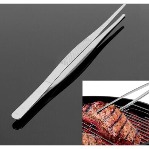 30cm/12'' Durable Stainless Steel Silver Color Long Tweezers Round Head Toothed Straight seaweed sushi Food Tongs Kitchen Tool
