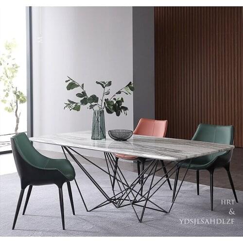 Designer unique new iron natural marble dining room set with rectangle table and 6 leather chairs mesa de jantar muebles comedor