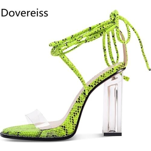 Dovereiss Fashion Womens Shoes summer new sexy consice Snakeskin green Party shoes Ankle strap Chunky heels Sandales 33-42
