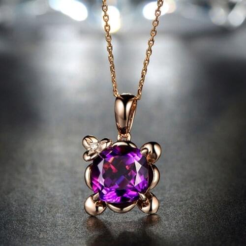 FYSL Rose Gold Color Geometric Shape Section Purple Amethysts Crystal Pendant Link Chain Necklace Flower Jewelry