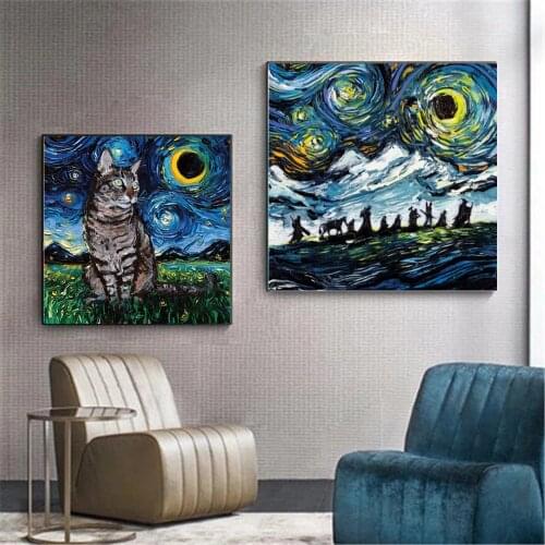 Van Gogh Never Saw Hogwarts Picture And Prints Wall Arttiger Cat Night Canvas Print Living Room Decoration Home Decor No Frame
