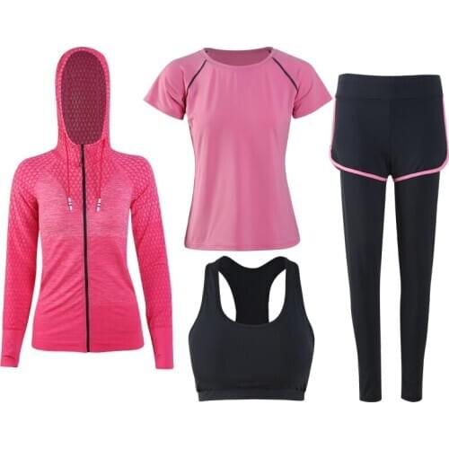 Brand Fitness Women Yoga Set 4 in 1 Set Yoga Bra & Sport Pants Solid Hoodie Gym Clothes Sport Wear Running Outdoor Jog