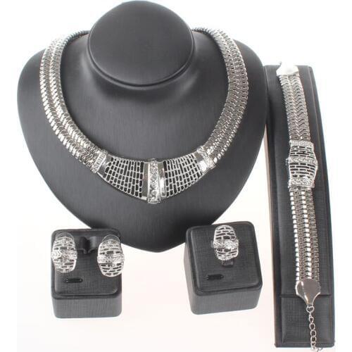 African Beads Jewelry Set Dubai Silver Plated Crystal Women Wedding Party Necklace Earring Bracelet Ring Fine Jewelry Sets