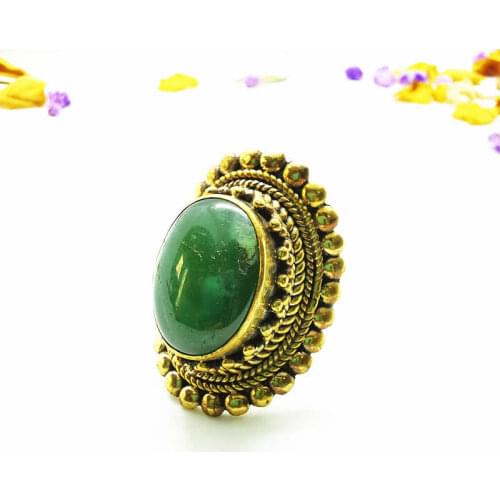 Brass inlaid Natural Green Agate Big Golden Ring for Man Tibetan Jewelry R244