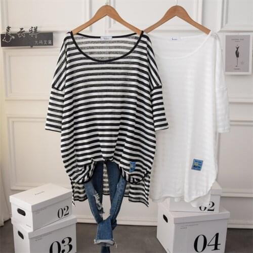 Large Size Thin Stripe Casual Tee Tunic Top Women Short Sleeve Plus Long Coverup Beach T Shirt for Summer