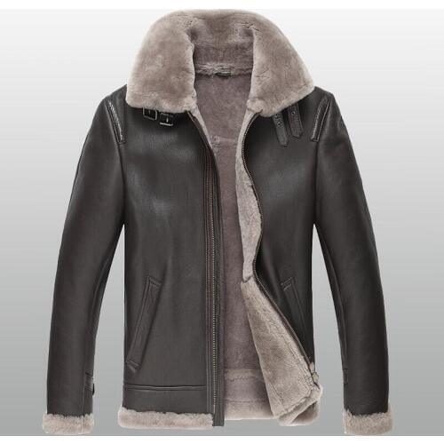 Mens Shearling Leather Jacket Men Genuine Leather B-3 Bomber Leather Jacket Outwear Menswear TJ66