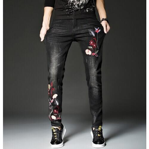Embroidered Mens Jeans Body-building Brand Flower Jean Mens Trousers Stretch Trend Autumn and Winter Thickening Trouser