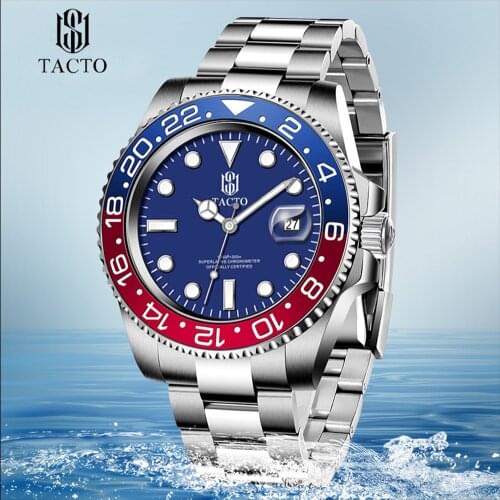 2021 Top Luxury Brand TACTO Watch Men Gmt Wristwatch Blue Rotatable Bezel Stainless Steel Sports Watches For Men 30M Waterproof