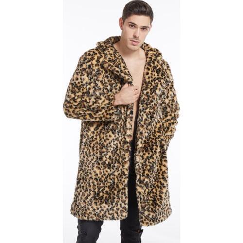 Man Winter Keep Warm Faux Fur Coat Plus Size Loose Fashion Long Sleeve Leopard Print Thicken Imitation Fur Turn-Down Collar Coat