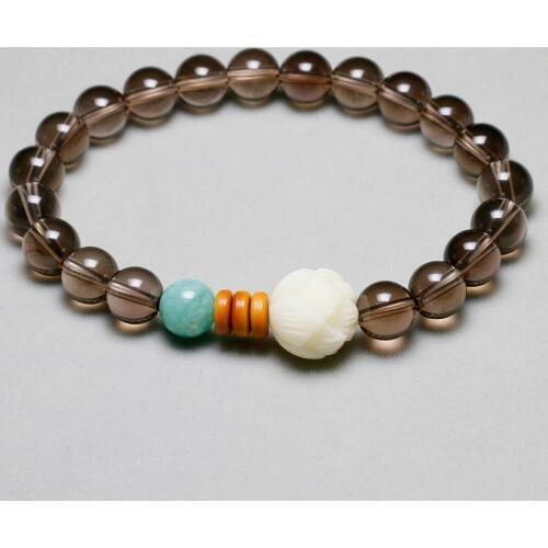 Natural AAA Smoky Crystal With White Bodhi Engraved Lotus AAA Amazonite Bead Bracelet Meditation Men Women ZEN Freedom Jewelry