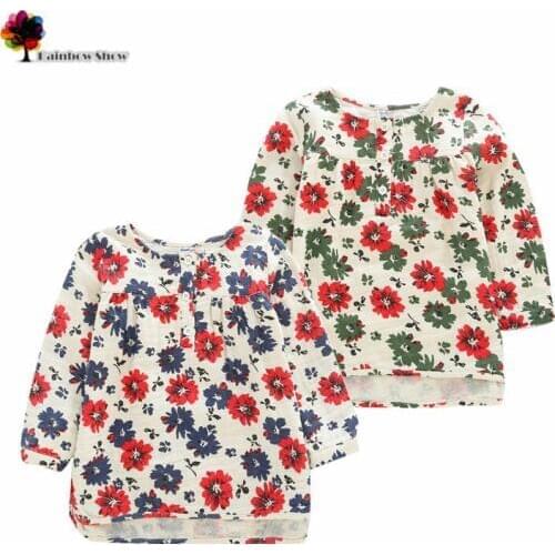 New Children Clothing Spring Autumn Girls Lovely Floral Printed O-neck Double-layered Partly Opened Cotton Blouses