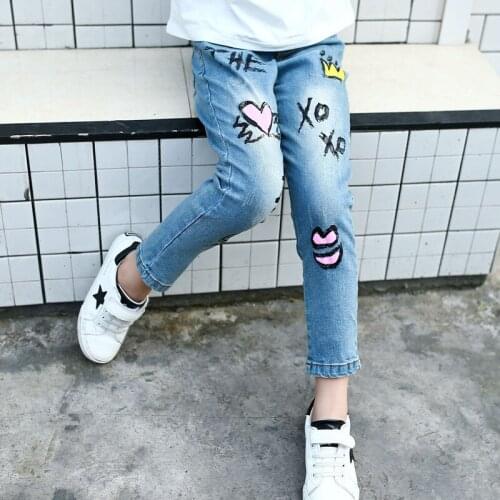 Spring Autumn New Arrival Kids Letter Love Heart Printed Jeans Denim Pants Girls Jeans Children Trousers 2-12T
