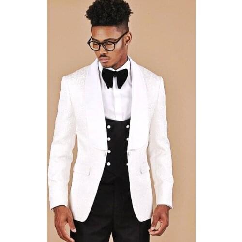 Newest Groomsmen White Pattern and Black Groom Tuxedos Shawl Lapel Men Suits Wedding Best Man ( Jacket+Pants+Bow Tie+Vest )