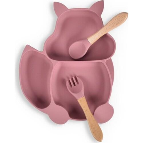 Food Grade Silicone Baby Divided Sucker Bowl Infant Learning Feeding Dishes Anti-Slip Squirrel Shape Dinner Plate Children