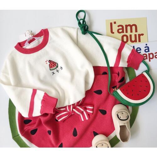 Tonytaobaby Autumn and Winter Clothing New Baby Girl Childrens Clothing Watermelon Knitting Embroidery Set Girls Clothes