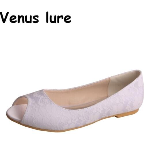 Venus lure Open Toe Wedding Shoes Women Flat White Lace Size 12