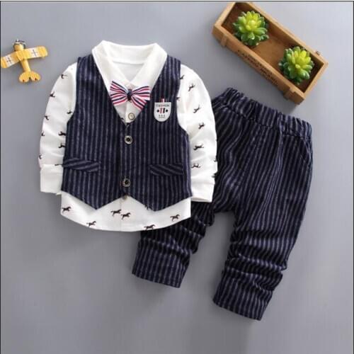 Spring Baby Boys Fashion Gentleman Bow Jacket T-shirt Pants Plaid 3Pcs/Set Childrens Long-sleeved Kids Suits Set Kids Costume