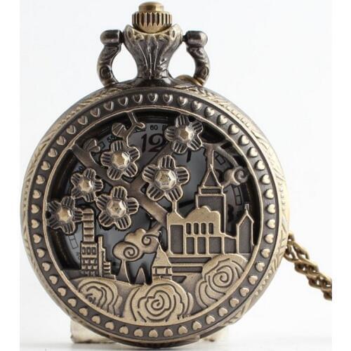 Vintage FAIRY TALE CASTLE Bronze Antiques Quartz Hollow Modern Hours Necklace Pocket Watch gift