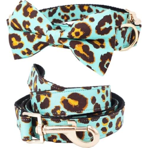 Green leopard Dog Collar Bow Tie with Metal Buckle Big and Small Dog&Cat Collar Pet Accessories